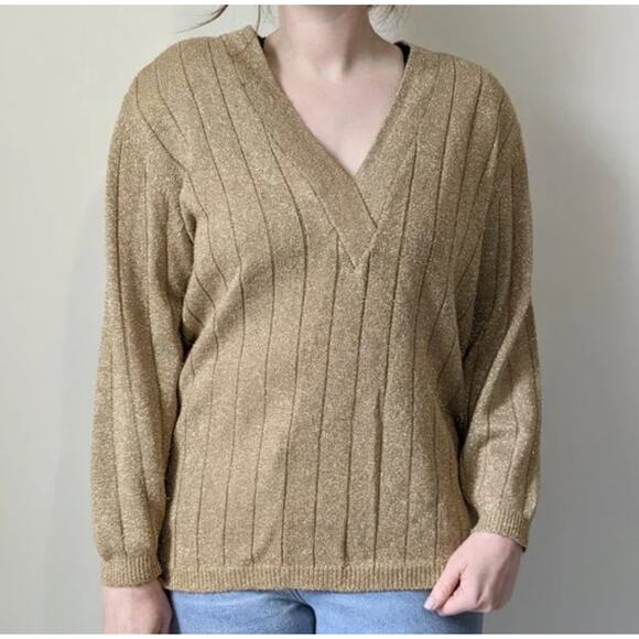 Vintage 80's Sparkly Gold V-Neck Sweater - Picture 7 of 7